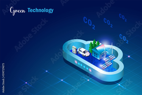 Green technology. alternative consumption energy house and EV car in cloud sandbox technology  to reduce carbon emissions. For sustainable positive ecology and environment.