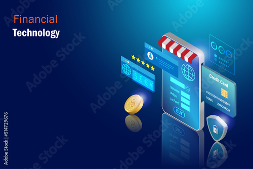 Financial technology. online payment i banking, online store and stock trading platform on smart phone with security system. E commerce, banking and financial  investment technology