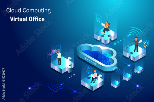 Virtual office teamwork working on cloud computing technology, Business team working on jigsaw puzzles network connecting to complete success project on wireless technology.