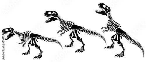 T rex dinosaur skeleton negative space silhouette.Prehistoric creature bones isolated black and white clip art.
Tyrannosaurus paleontology design.