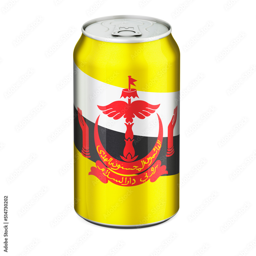 Bruneian flag painted on the drink metallic can. 3D rendering Bruneian flag painted on the drink metallic can. 3D rendering