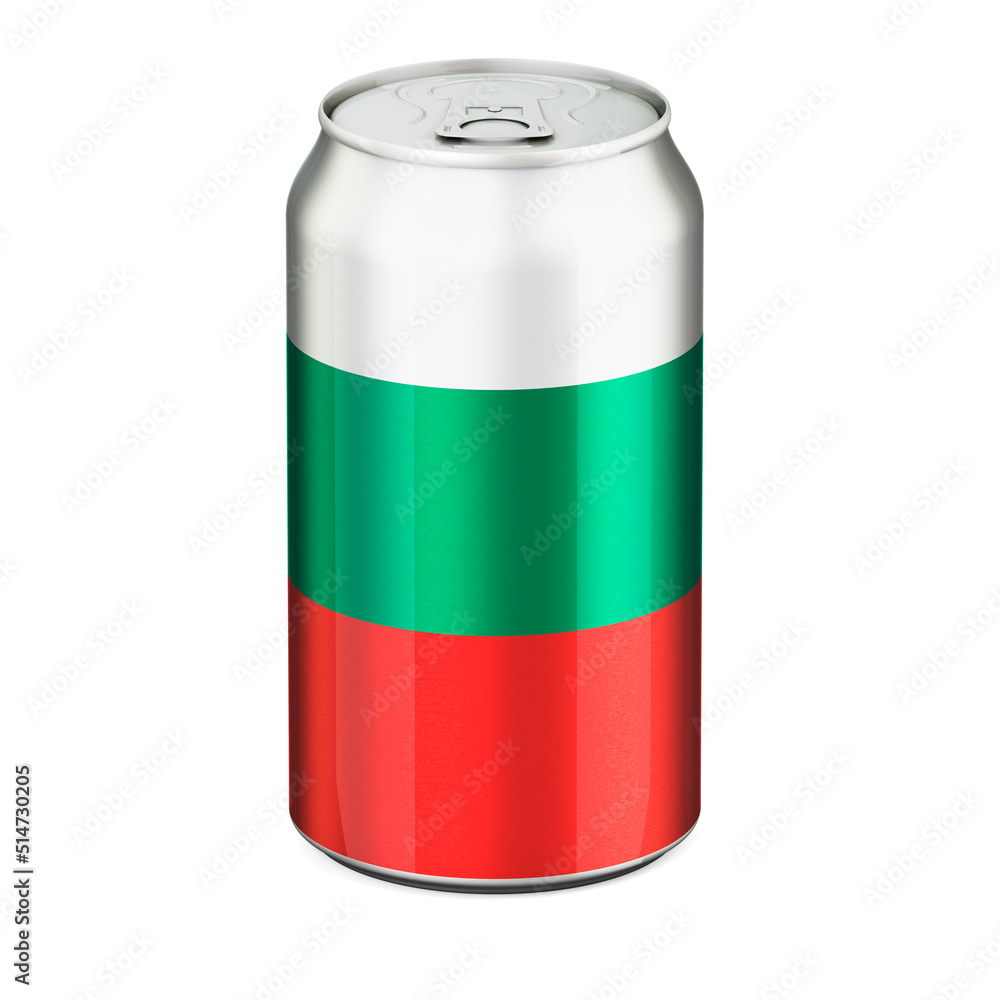 Bulgarian flag painted on the drink metallic can. 3D rendering Bulgarian flag painted on the drink metallic can. 3D rendering