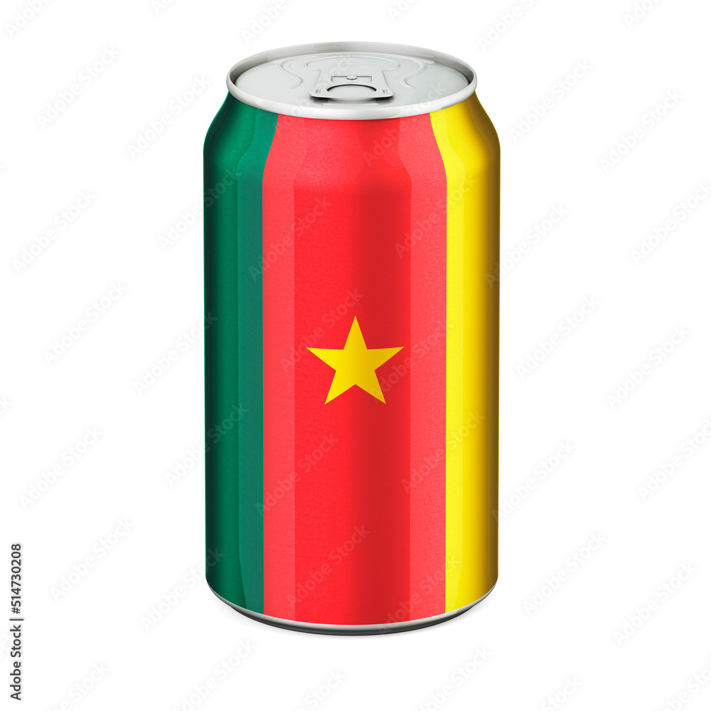 Cameroonian flag painted on the drink metallic can. 3D rendering Cameroonian flag painted on the drink metallic can. 3D rendering
