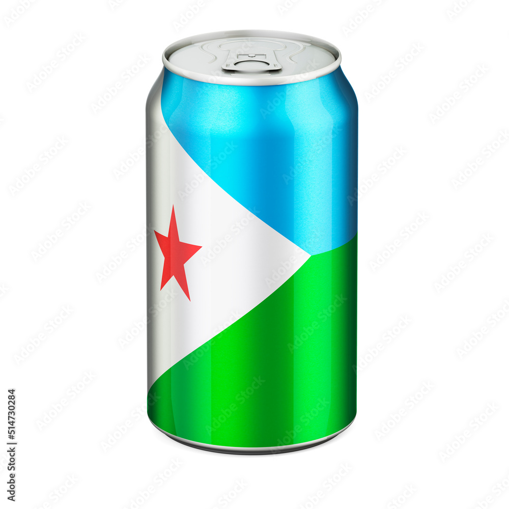 Djiboutian flag painted on the drink metallic can. 3D rendering Djiboutian flag painted on the drink metallic can. 3D rendering