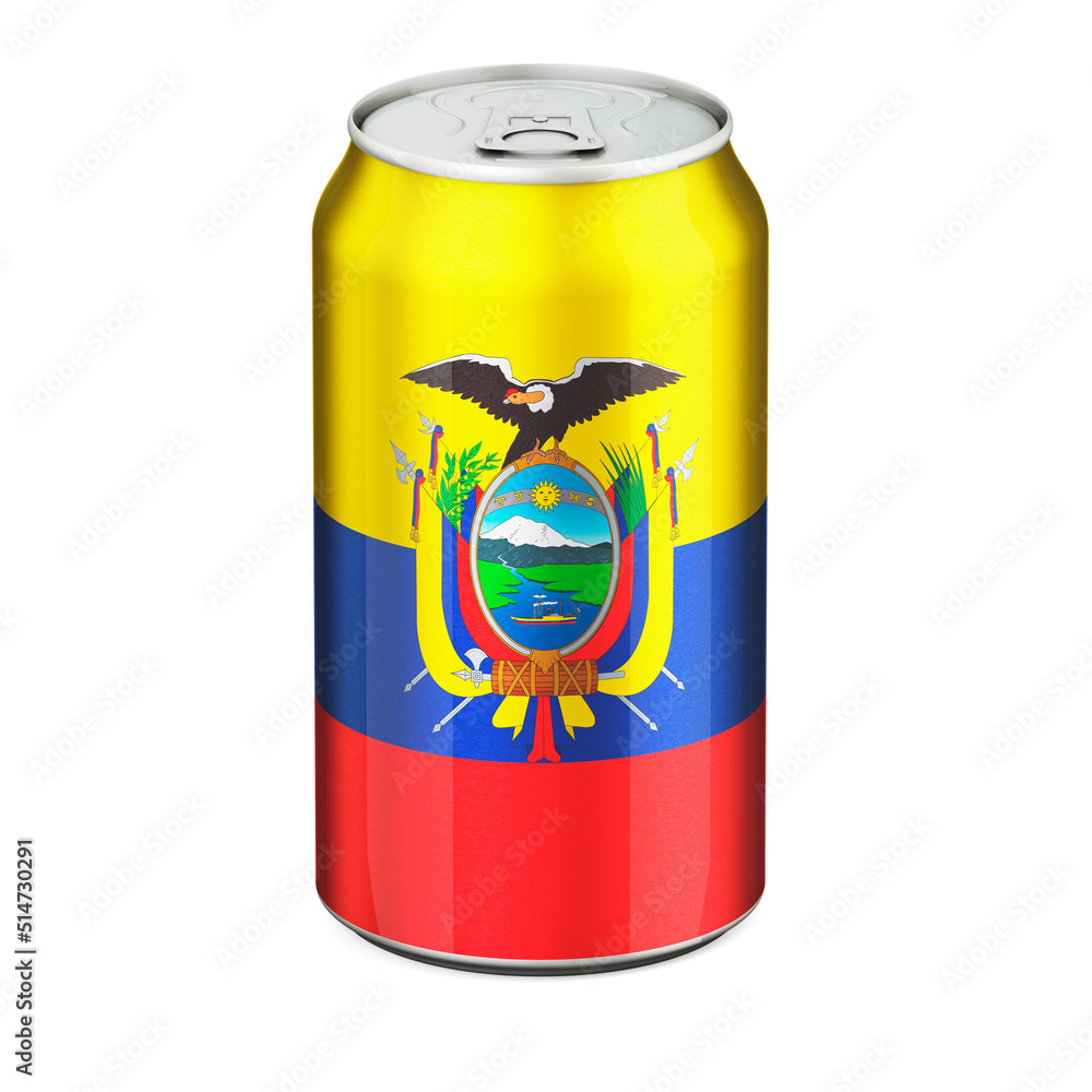 Ecuadorian flag painted on the drink metallic can. 3D rendering Ecuadorian flag painted on the drink metallic can. 3D rendering