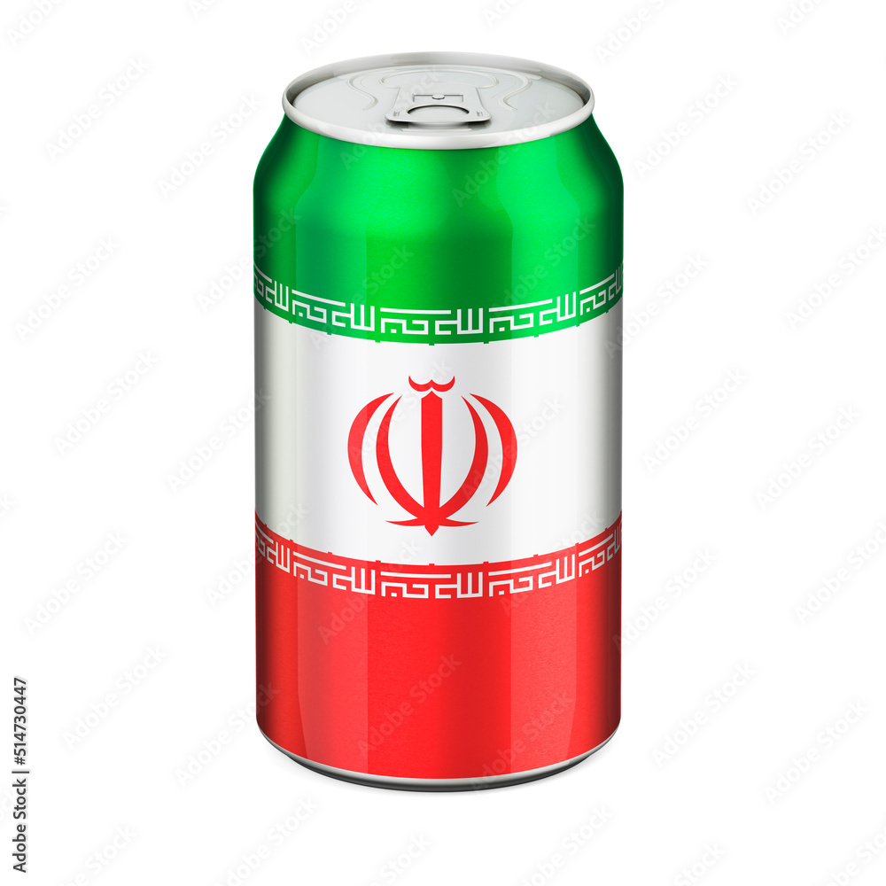 Iranian flag painted on the drink metallic can. 3D rendering Iranian flag painted on the drink metallic can. 3D rendering