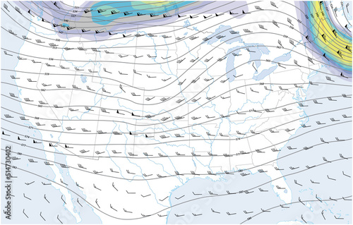 Imaginary map of North America with wind direction and speed symbols