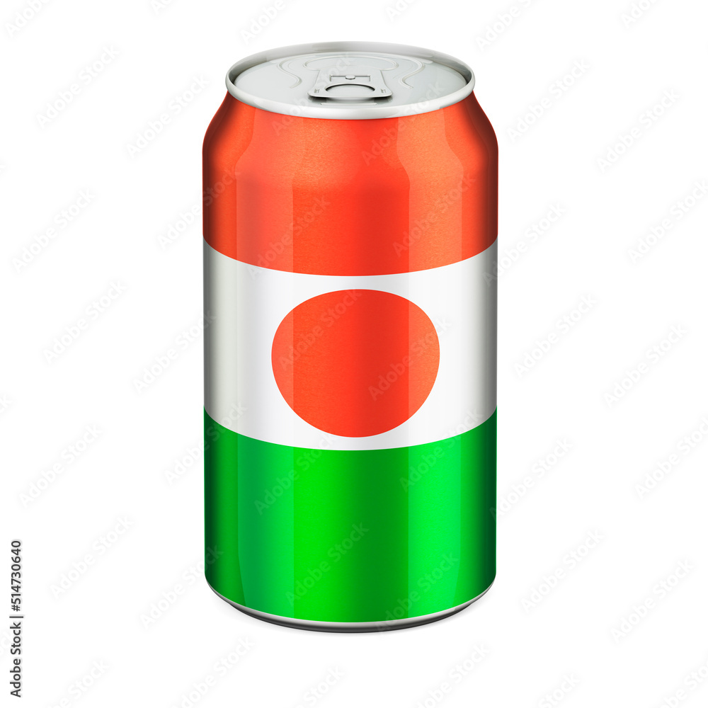 Niger flag painted on the drink metallic can. 3D rendering Niger flag painted on the drink metallic can. 3D rendering