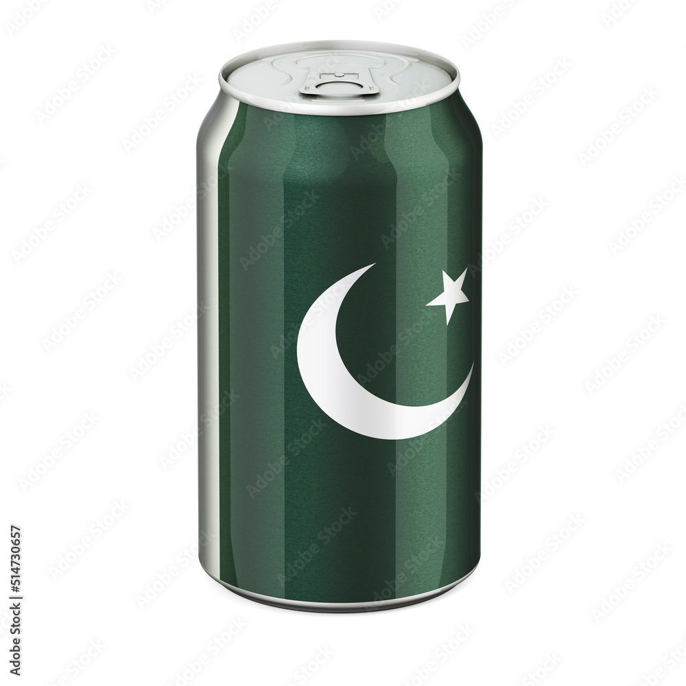 Pakistani flag painted on the drink metallic can. 3D rendering Pakistani flag painted on the drink metallic can. 3D rendering