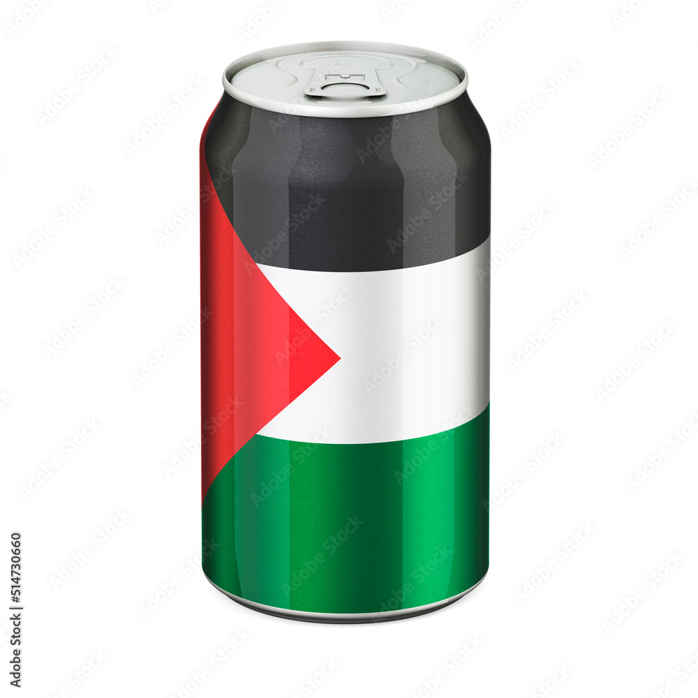 Palestinian flag painted on the drink metallic can. 3D rendering Palestinian flag painted on the drink metallic can. 3D rendering