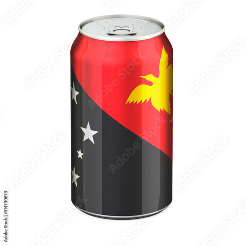 Papuan New Guinean flag painted on the drink metallic can. 3D rendering