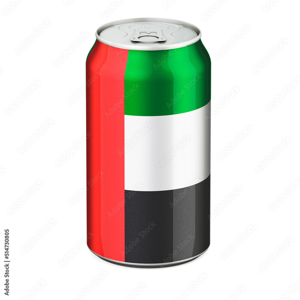 The United Arab Emirates flag painted on the drink metallic can. 3D rendering The United Arab Emirates flag painted on the drink metallic can. 3D rendering