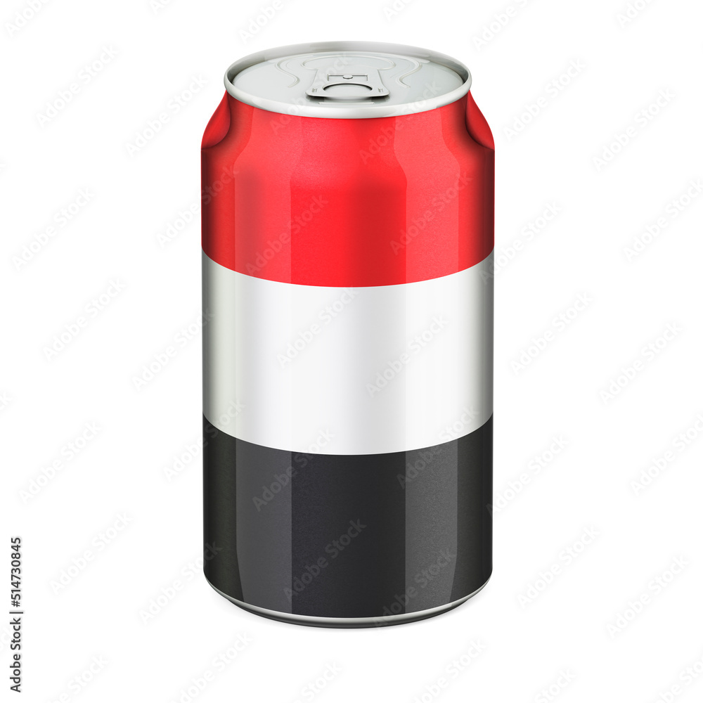 Yemeni flag painted on the drink metallic can. 3D rendering Yemeni flag painted on the drink metallic can. 3D rendering