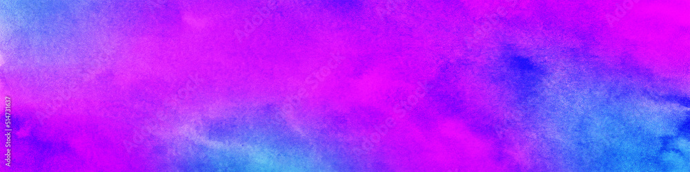 Purple pink blue watercolor. Bright colorful background with space for design. Web banner. Wide. Panoramic. Website header. Fuchsia teal abstract modern art.