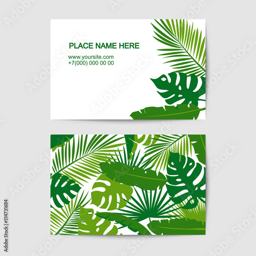 visit card vector template with palm tropical leaves pattern