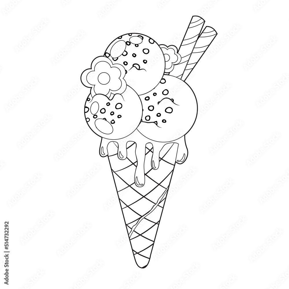 Doodle illustration of scoops of ice cream in a waffle cone. Lovely