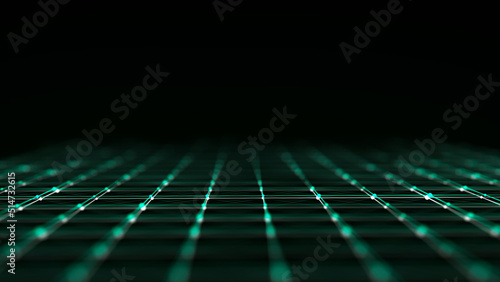 Futuristic perspective grid with glitch effect. Digital flow in cyberspace. Signal transmission damage. Network connection structure. 3D rendering.