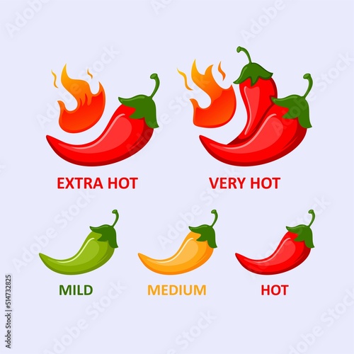 Spicy hot red chili pepper icons set with flame and rating of spicy. Vector spicy food level sticker collection, mild, medium hot and extra hot level of pepper sauce or snack food
