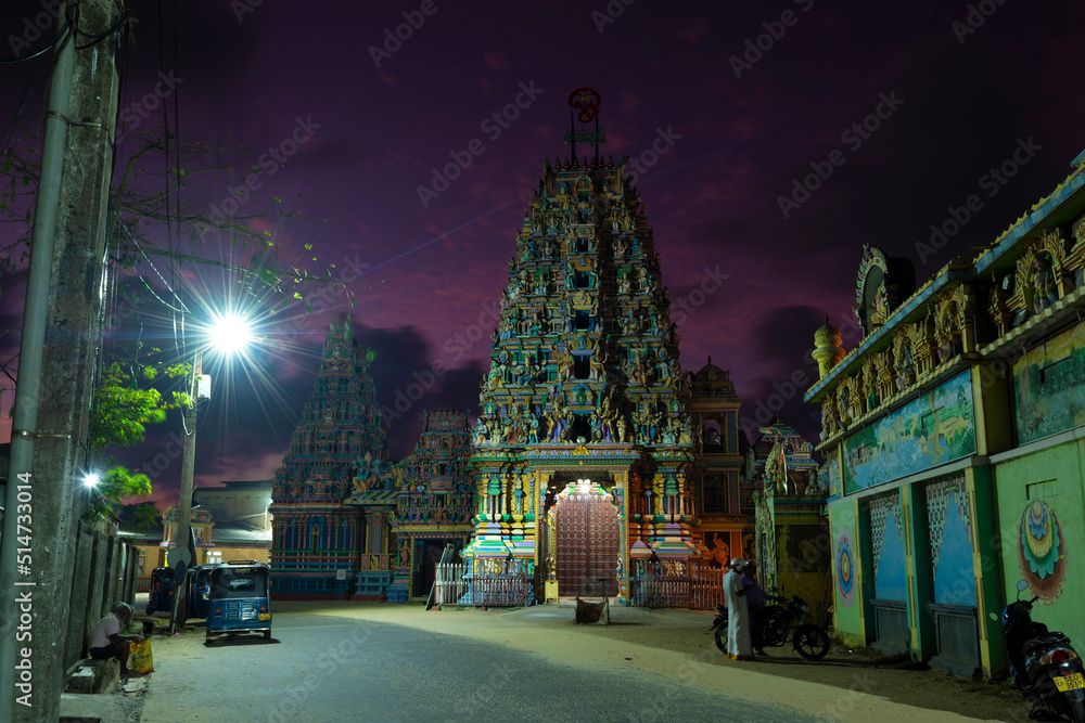 Late evening at Sri Bhadrakali Amman Kovil (Kali Kovil) ancient Hindu temple. Trincomalee