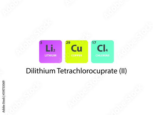 Li2CuCl4 Dilithium Tetrachlorocuprate (II) molecule. Simple molecular formula consisting of  Lithium, Copper, Chlorine elements. Chemical compound simplified structure.