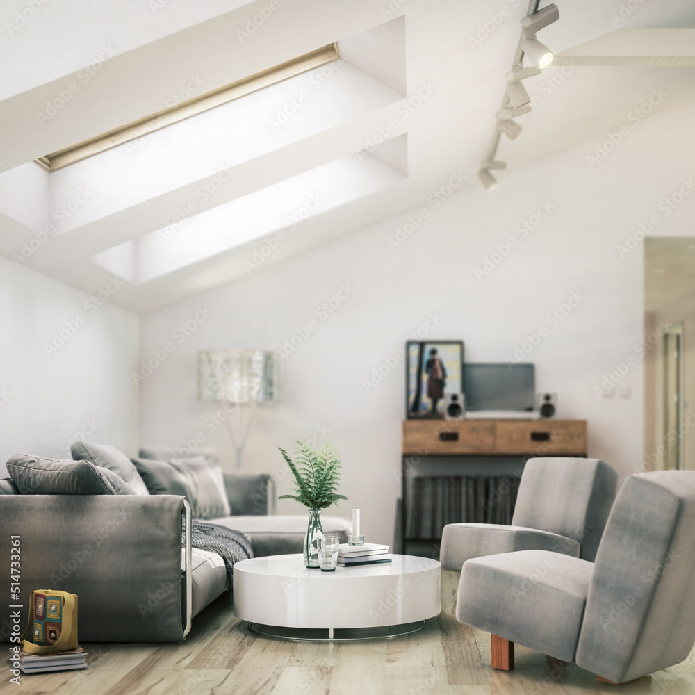 Fototapeta premium Geräumige Dachwohnung nach Ausbau (Detail) - 3D Visualisierung