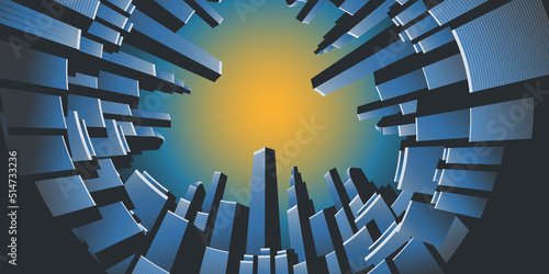 Looking Up to the Sky from the Ground- Perspective View of Towering Skyscrapers from Below - Three Dimensional Retro Style Vector Background Design