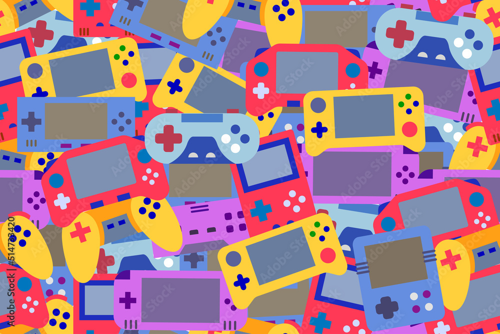 Seamless, repeating pattern with game devices. Yellow, red, blue, purple handheld consoles and remote, wireless video game controllers, colorful seamless pattern.