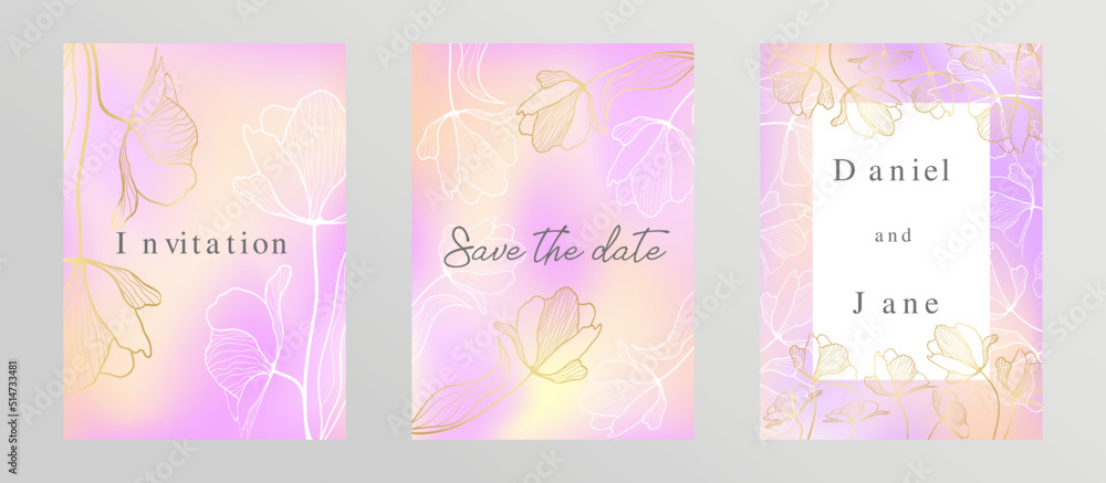 Luxury botanical wedding invitation card template with gold line foliage. Fluid gradient background vector. Elegant blossom vector design suitable for banner, cover, invitation. 