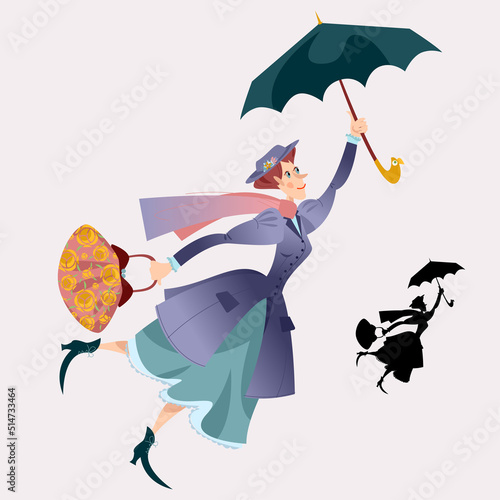Fényképezés A woman in a retro suit, with a large bag in her hand flying with an umbrella