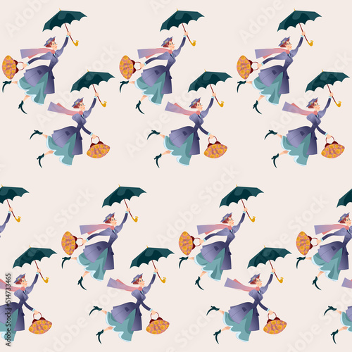 Print op canvas A woman in a retro suit, with a large bag in her hand flying with an umbrella