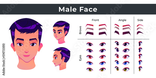 Asian man face construction, avatar creation with head parts isolated. with different eyes and eyebrows