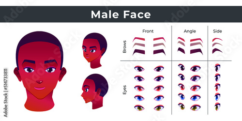 Asian man face construction, avatar creation with head parts isolated. with different eyes and eyebrows