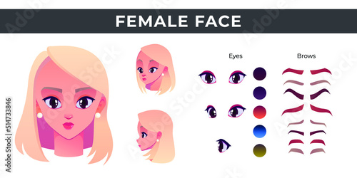 Women face constructor elements with different colors and forms of eyes brows, eyes  female character 