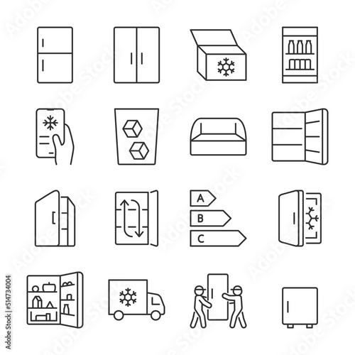 Refrigerator, refrigeration equipment icons set. Refrigerator functions, freezing and storing food at low temperature, linear icon collection. Line with editable stroke