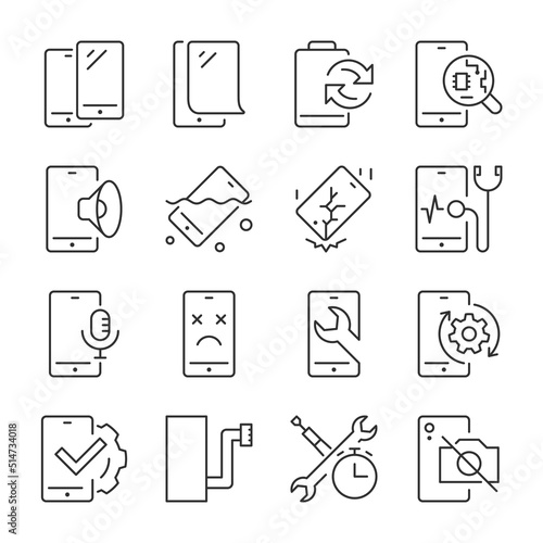 Smartphone repair icons set. Diagnostics and replacement of phone parts, linear icon collection. Line with editable stroke