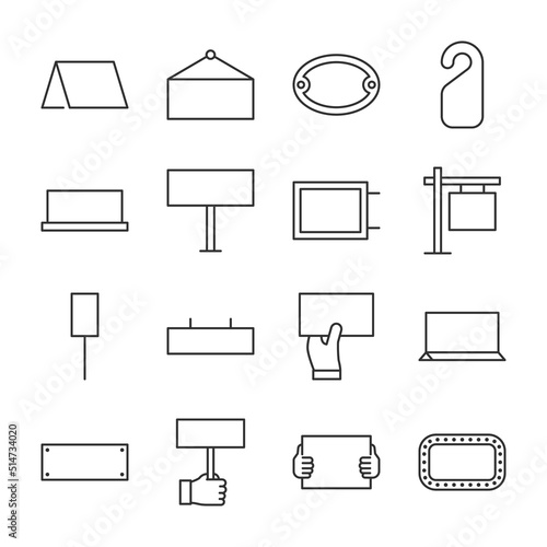 Blank signs icons set. Various shapes of sign on the door, on the table, on a hook or hold in hand, linear icon collection. Line with editable stroke