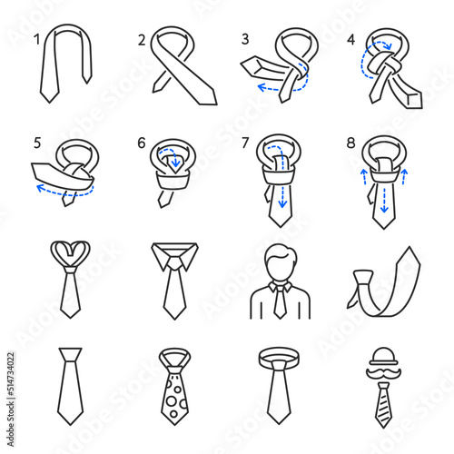 How to Tie a Tie, necktie icons set. Guide, training, instruction, successive stages icon. Line with editable stroke