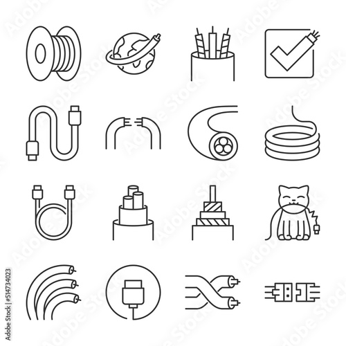 Digital Cable icons set.  Cables of various types and purposes. Telecommunications, Internet, telephony, linear icon collection. Line with editable stroke