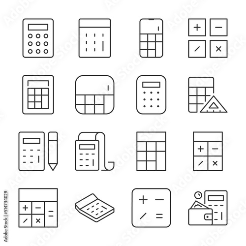 Calculator icons set. Calculators of various shapes, linear icon collection. Line with editable stroke. Line with editable stroke