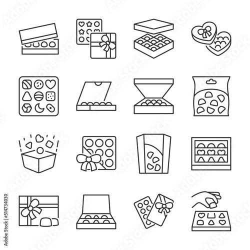 Candy icons set. Gift boxes of chocolate candy, linear icon collection. Line with editable stroke