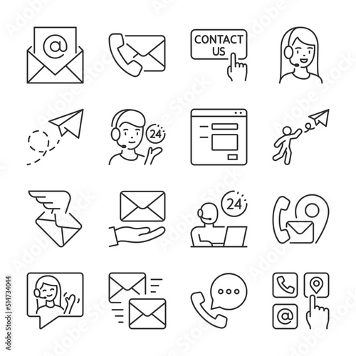 Contact us icons set.  Feedback. Ask a question, consultation, linear icon collection. Line with editable stroke