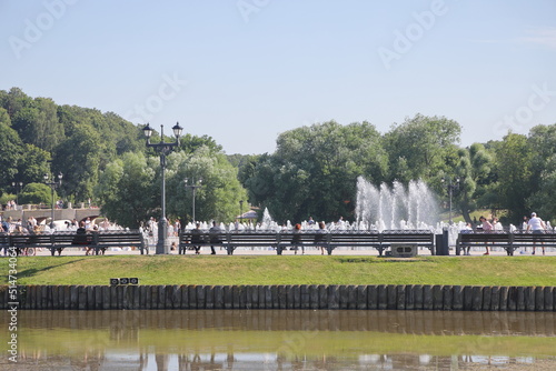 View of the pond and Tsaritsynsky park on a sunny summer day, Moscow, Russia, July 2022. photo