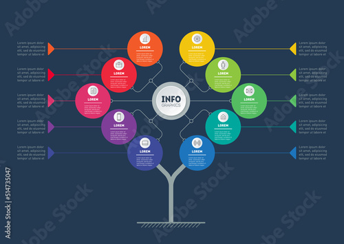 Business info graphics concept with 10 active options. tree. Template of diagram or brochure on dark background. Information chart or infographic of technology or education process with ten steps.