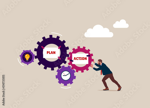Businessman spin the cogs or gear to drive action plans. Business action plans, strategies or goals to drive the organization or target audience.