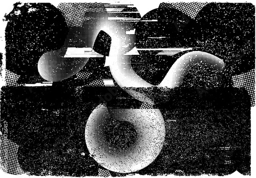 Glitch distorted grungy shape . Noised grange texture. Textured and glitched shapes .Grunge texture. Screen print and noise effect .Vector overlay background with a halftone dots screen print texture.