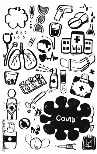 Covid-19 lungs virus vector hand drawn doodles over white background
