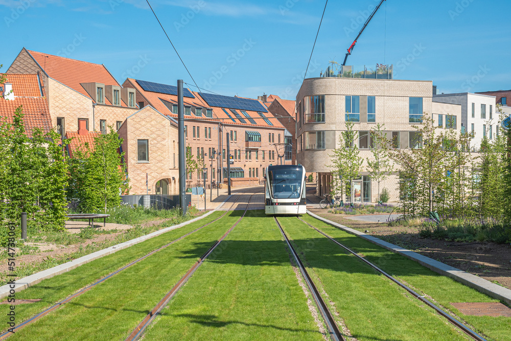 Tracks of the tram or trolley bus on a road with green grass. Electric public transport network in the center city of Odense, Denmark, Europe  - obrazy, fototapety, plakaty 