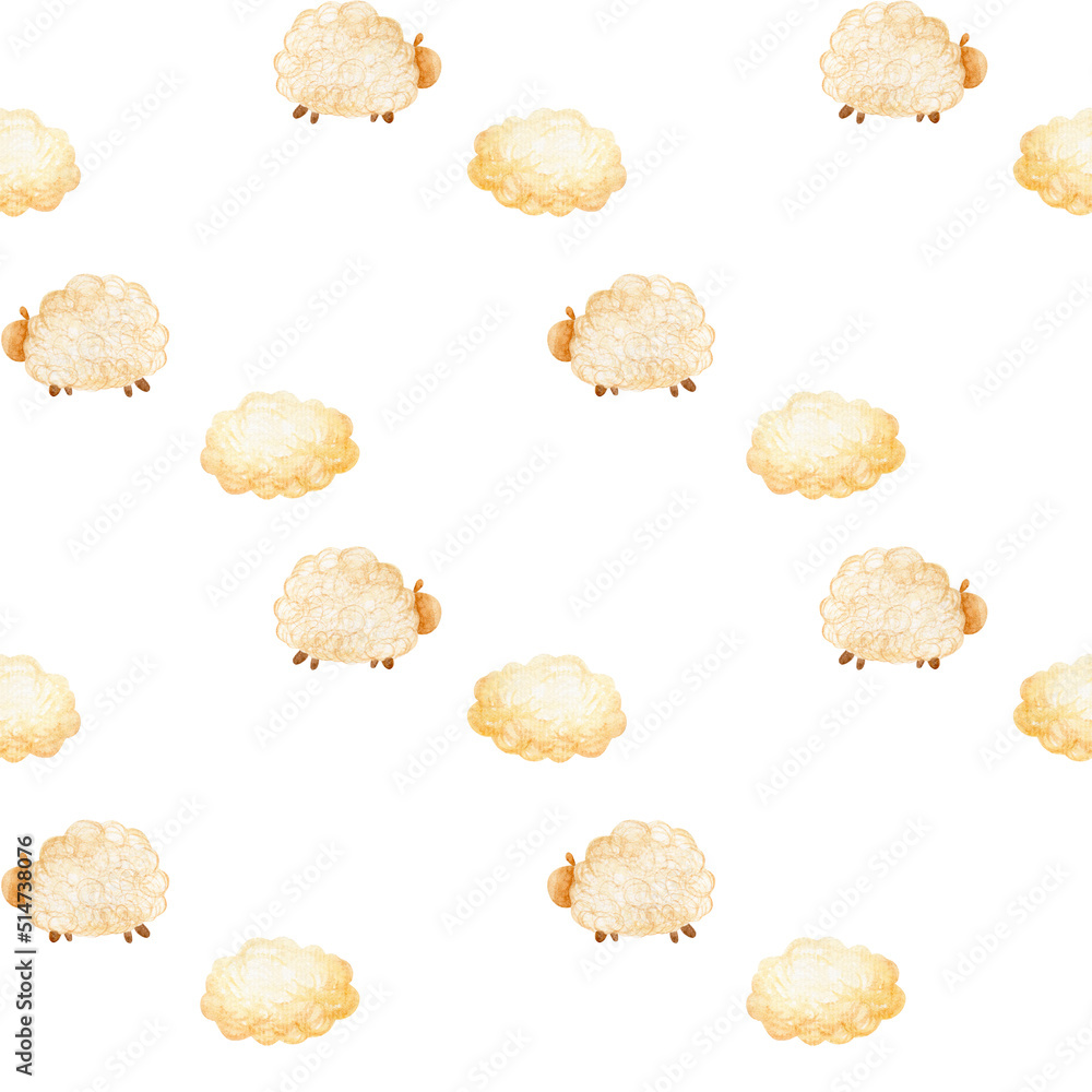 Seamless sweet dreams sheep and clouds animal pattern. Watercolor illustration on white background Seamless sweet dreams sheep and clouds animal pattern. Watercolor illustration on white background
