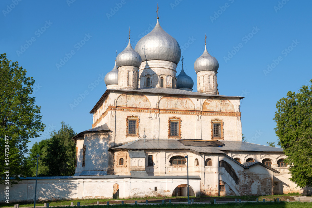 View of the ancient Znamensky Cathedral on a sunny June day. Veliky Novgorod, Russia