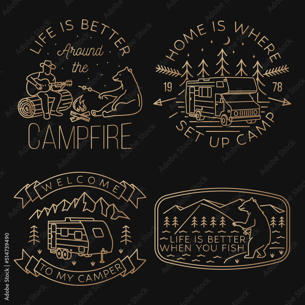 Set of camping badges, patches. Vector. Concept for shirt or logo, print, stamp or tee. Vintage line art design with campfire, bear, man with guitar, deer, camper tent, hiker, fishing bear.